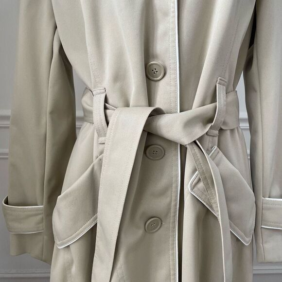 Massini Tan Khaki Trench Coat White Trim Belted M - Picture 3 of 6